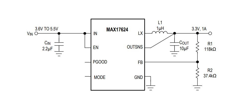 Applikations-Schaltungsdiagramm - Vishay / Siliconix SiC476/SiC477/SiC478/SiC479 microBUCK®-Wandler